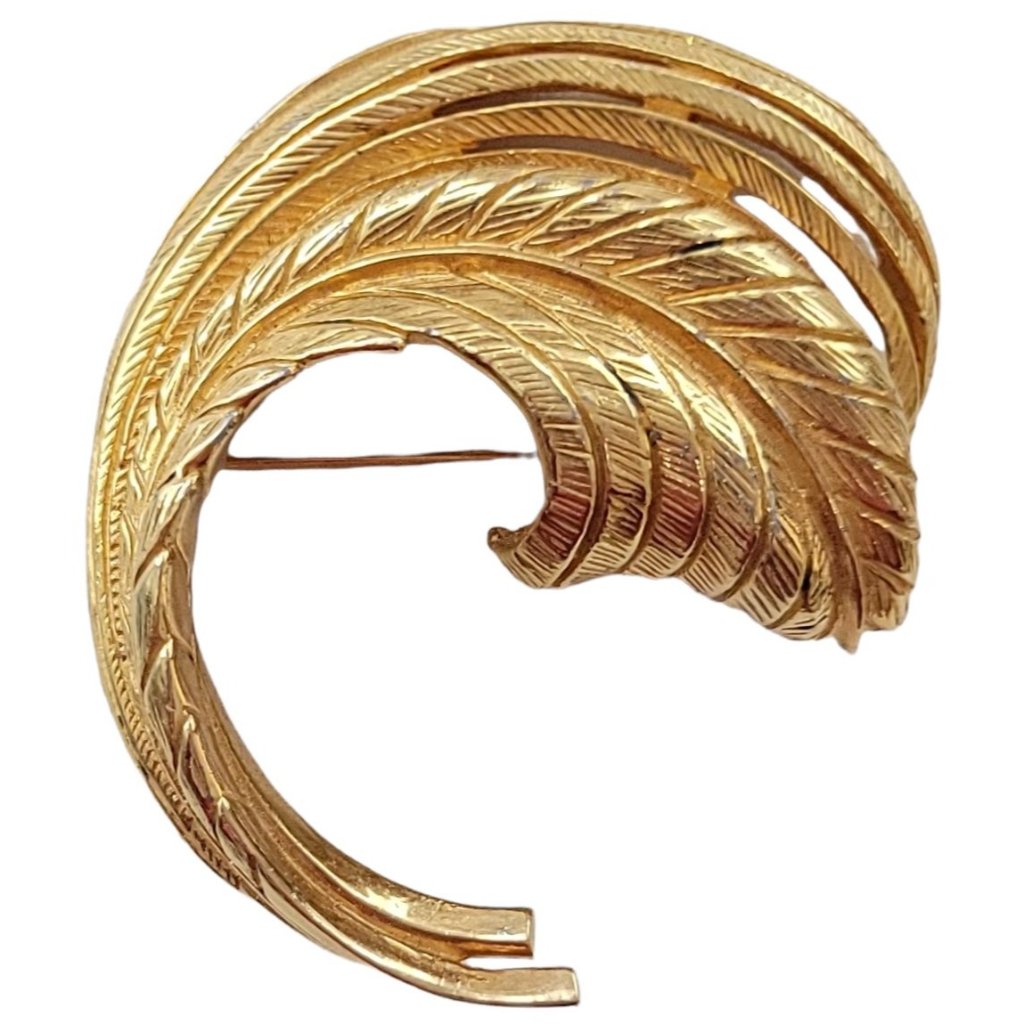 Castlecliff Vintage Mid-Century Gold-Tone Feather Plume Brooch Pin Signed 113$